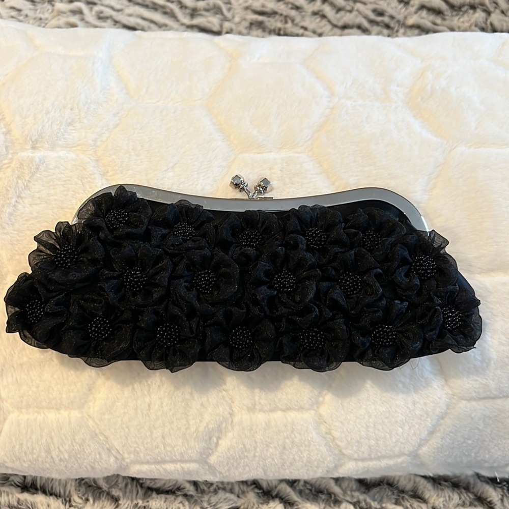 Kate Laundry Black evening - clutch, crossbody or shoulder w/ flowers & beads